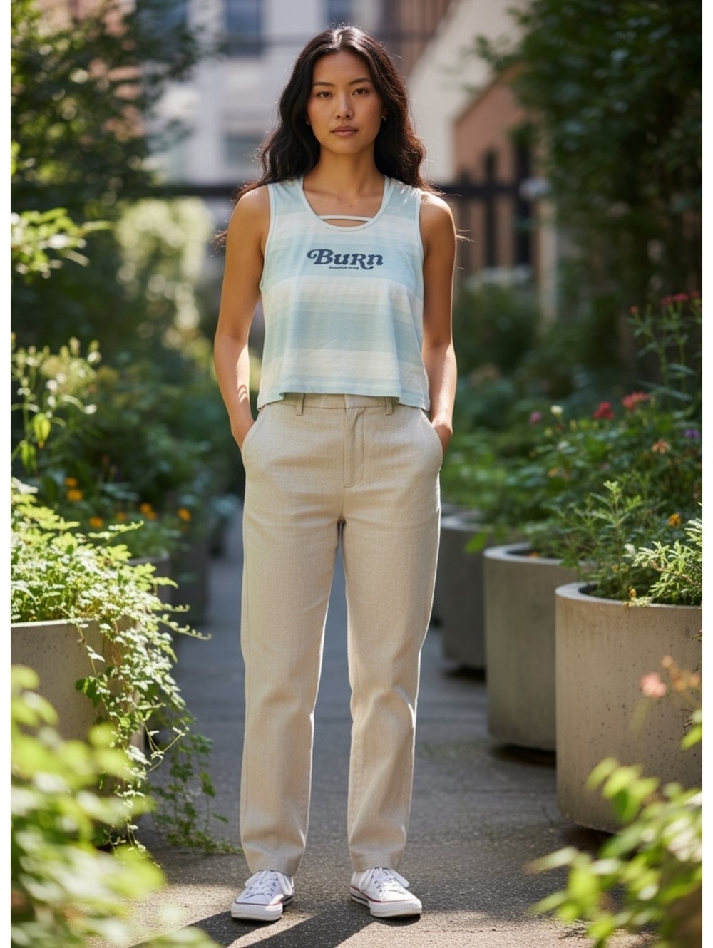 #103 Burn Light Blue and Beige Striped Cropped Tank Top